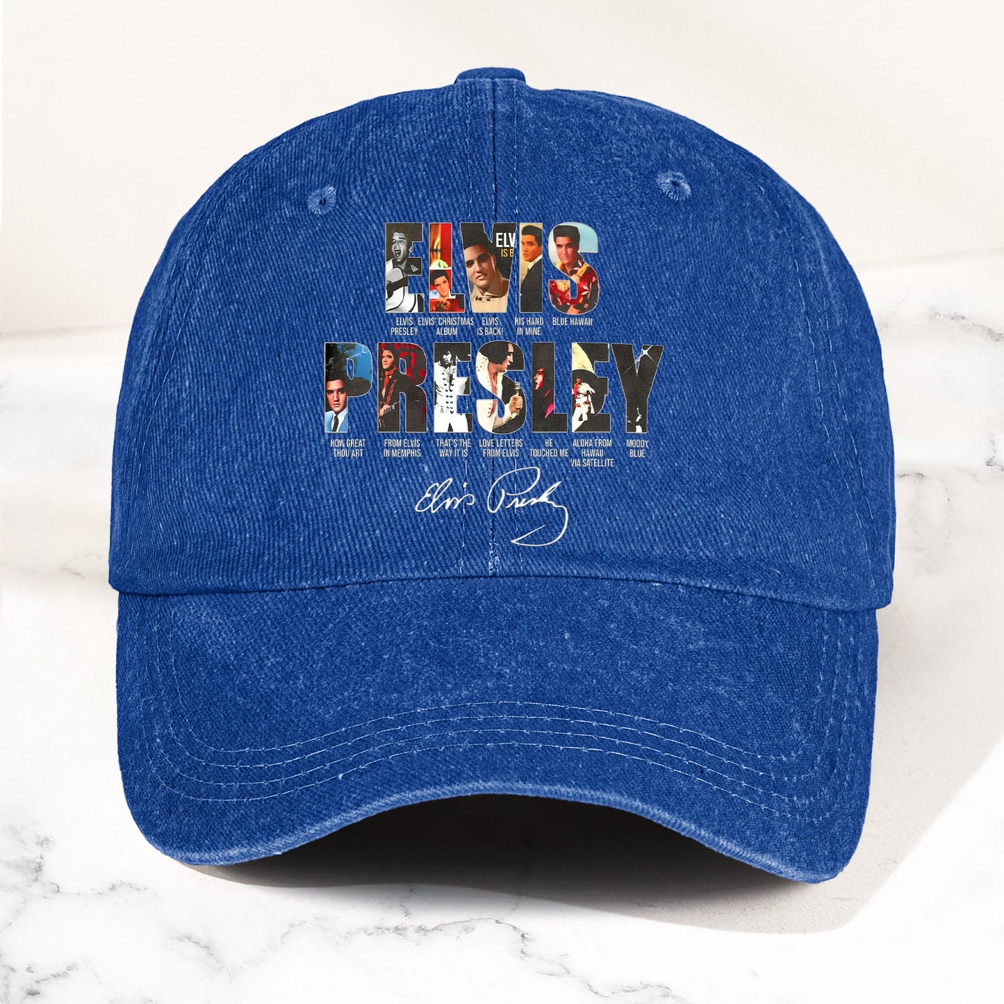 Elvis Presley Denim Dad Cap – Iconic Album Collage Design ( With BOX)
