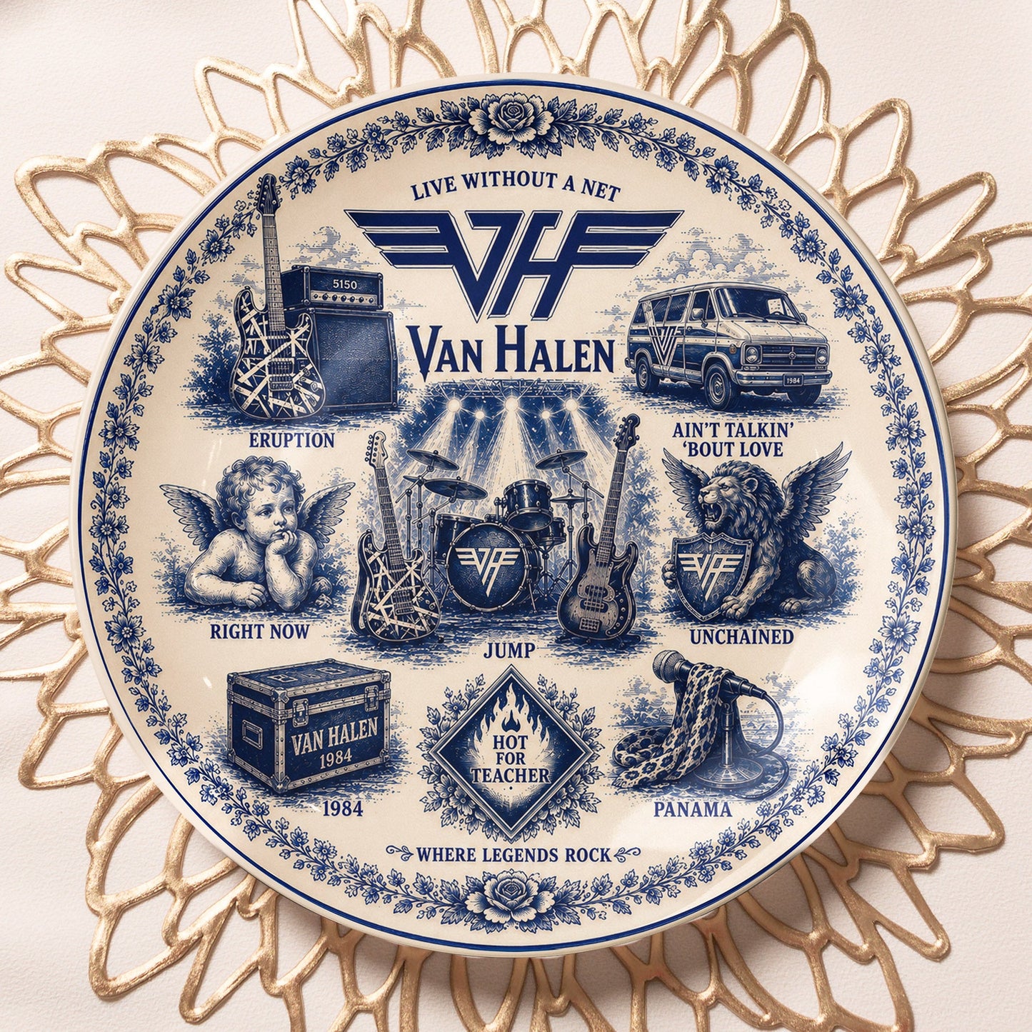 Van Halen Ceramic Plate with Display Stand – Classic Rock Music Memorabilia Gift