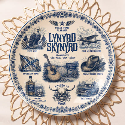 Lynyrd Skynyrd Decorative Ceramic Plate with Stand – Blue & White Southern Rock Art Gift