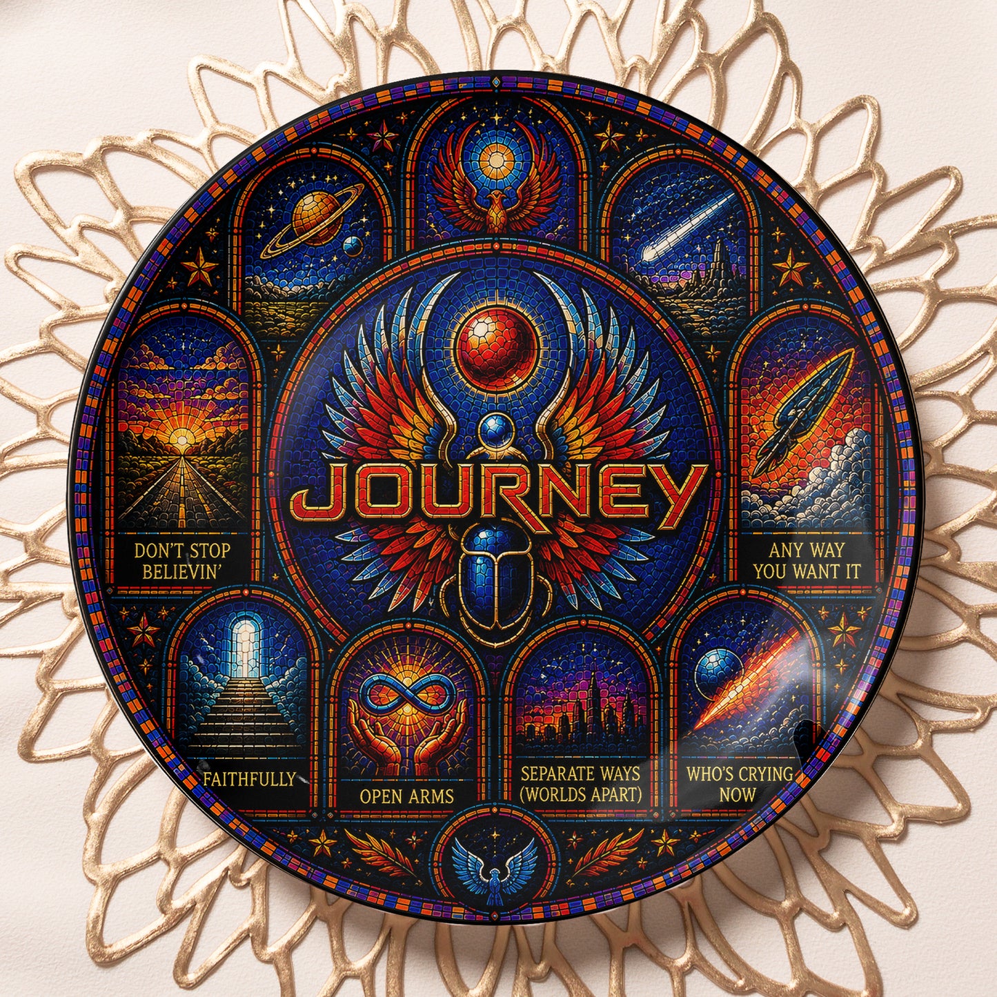 Journey Band Decorative Ceramic Plate with Stand – Stained Glass Rock Art Gift