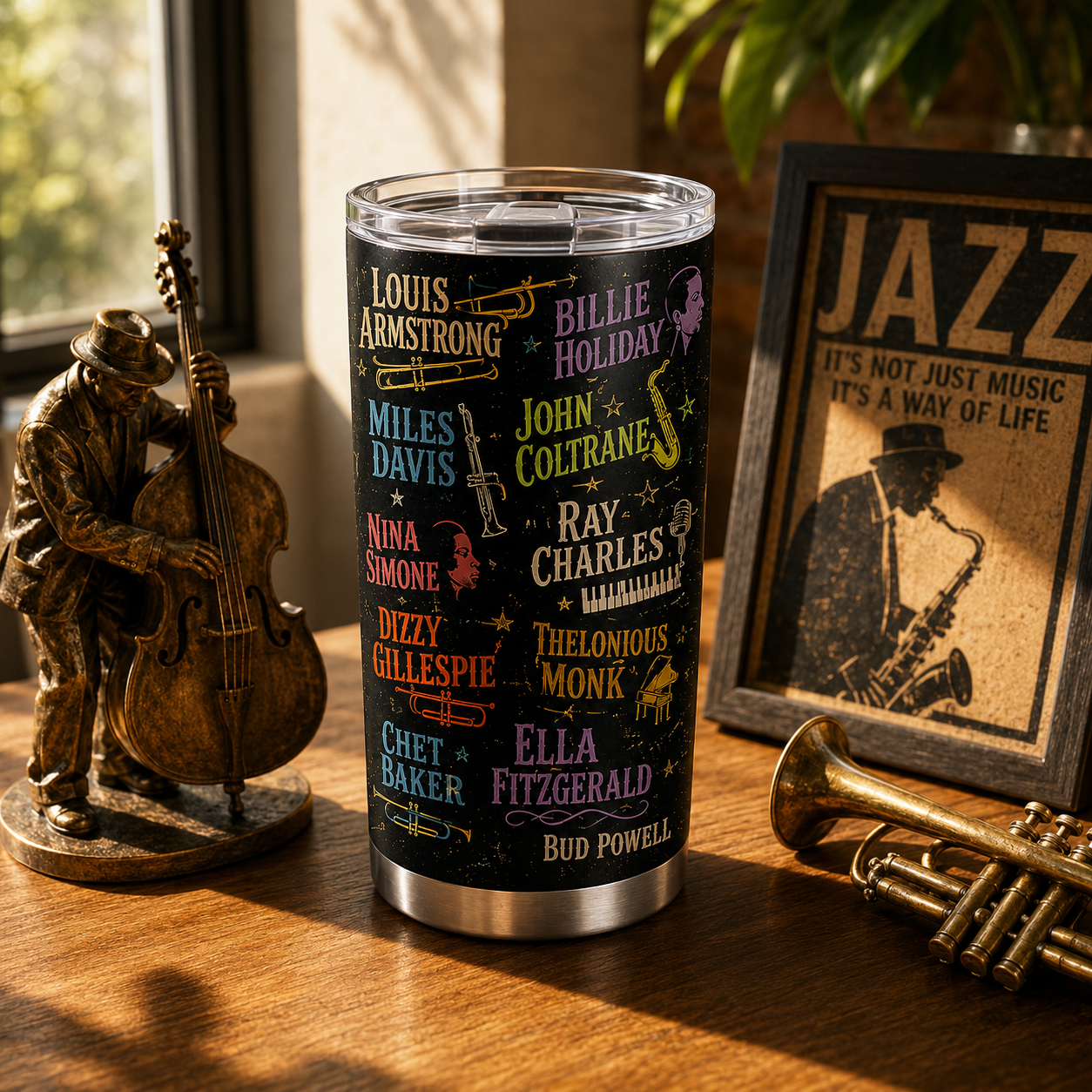 Jazz Legends 20oz Stainless Steel Tumbler – Vintage Jazz Music Travel Mug for True Jazz Lovers