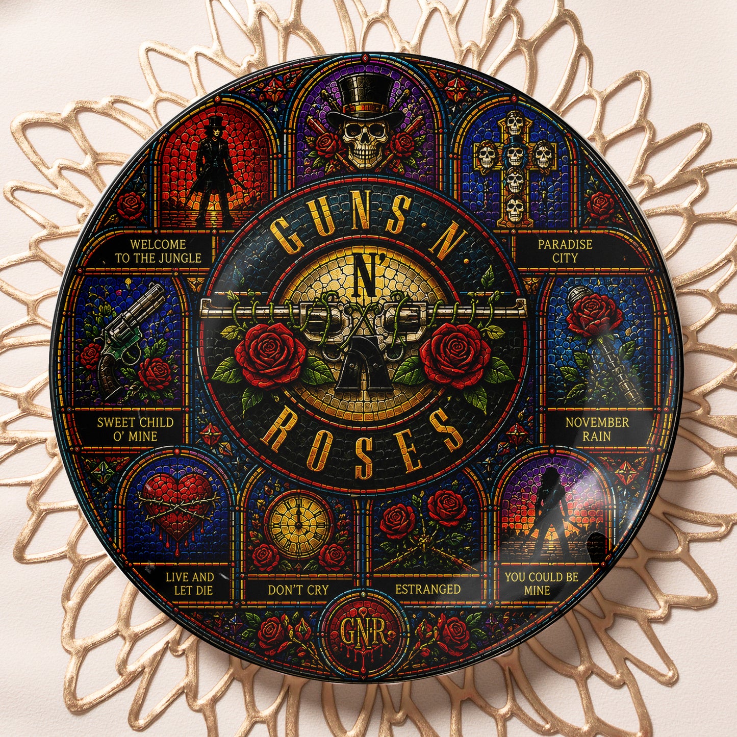 Guns N' Roses Decorative Ceramic Plate with Stand – Stained Glass Rock Art Gift