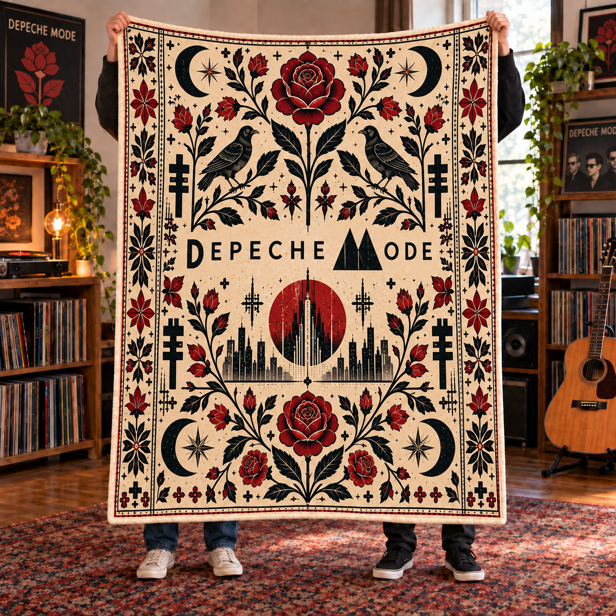 Depeche Mode Sherpa Blanket – Gothic Rose & Raven Fleece Throw, Alternative Rock Music Decor, Gift for Depeche Mode Fans
