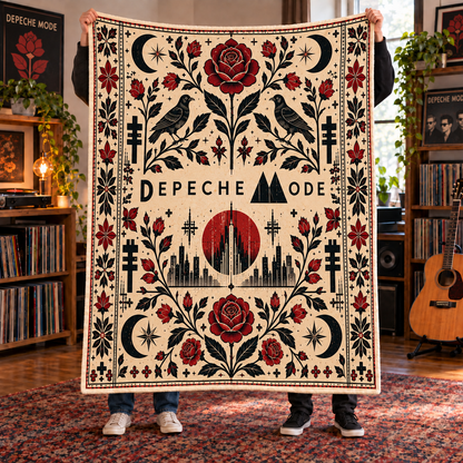 Depeche Mode Sherpa Blanket – Gothic Rose & Raven Fleece Throw, Alternative Rock Music Decor, Gift for Depeche Mode Fans