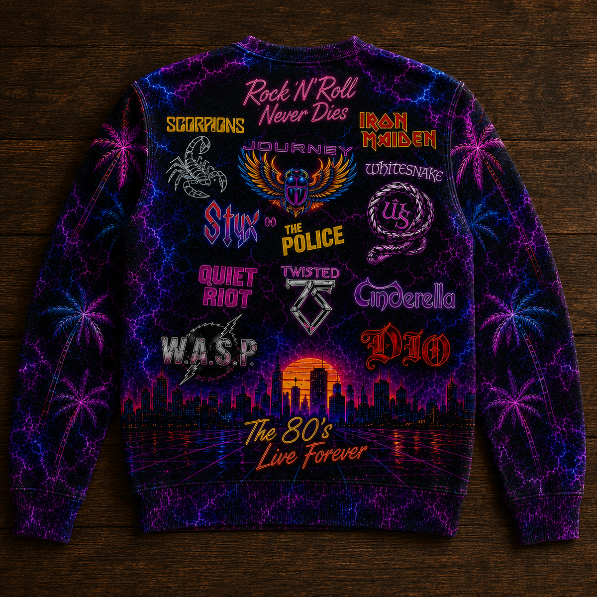 Vintage 80s Hard Rock Band Neon Sweatshirt - Glam Metal Retro Graphic Pullover