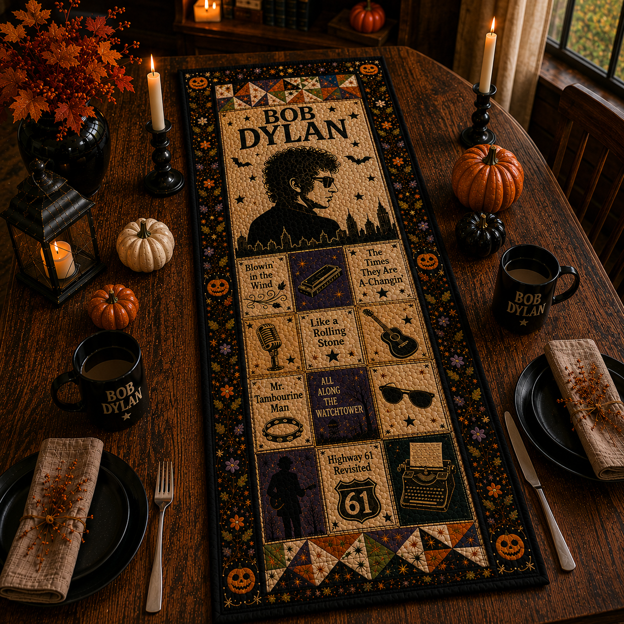 Bob Dylan Halloween Table Runner – Quilted Folk Rock Table Decor for Fall & Halloween