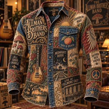 The Allman Brothers Band Patchwork Long Sleeve Shirt – Eat a Peach, Midnight Rider & Ramblin’ Man Vintage Southern Rock Button Up