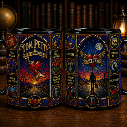 Tom Petty Stained Glass Black Mug – Tom Petty & The Heartbreakers Ceramic Coffee Mug, Classic Rock Fan Gift