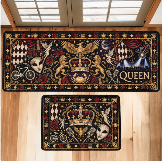 Queen Vintage Runner Rug Set, Bohemian Rock Crown & Rose Floor Mat, Freddie Mercury Inspired Music Room Decor, Queen Fan Gift