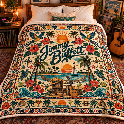 Jimmy Buffett Sherpa Blanket – Tropical Parrothead Fleece Throw, Beach Music Decor, Island Style Gift for Jimmy Buffett Fans & Parrotheads