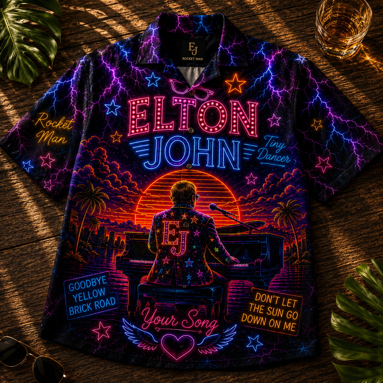 Elton John Hawaiian Shirt - Unisex Neon Light Grand Piano Rocket Man Button Up