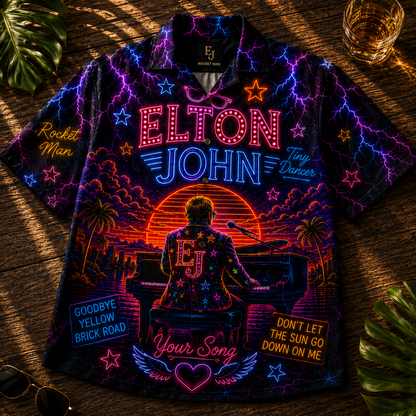 Elton John Hawaiian Shirt - Unisex Neon Light Grand Piano Rocket Man Button Up