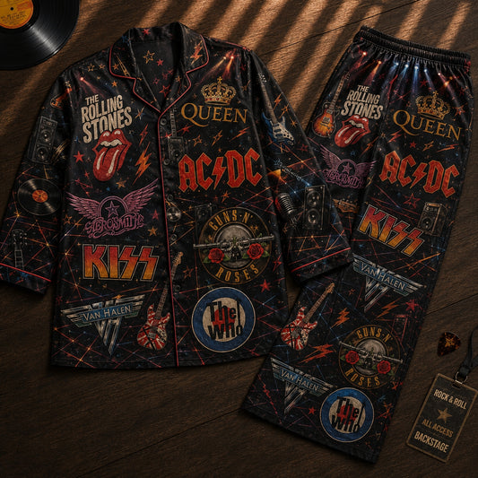 Vintage Classic Rock Legends Pajama Set – Retro Hard Rock Band Sleepwear for Men & Women
