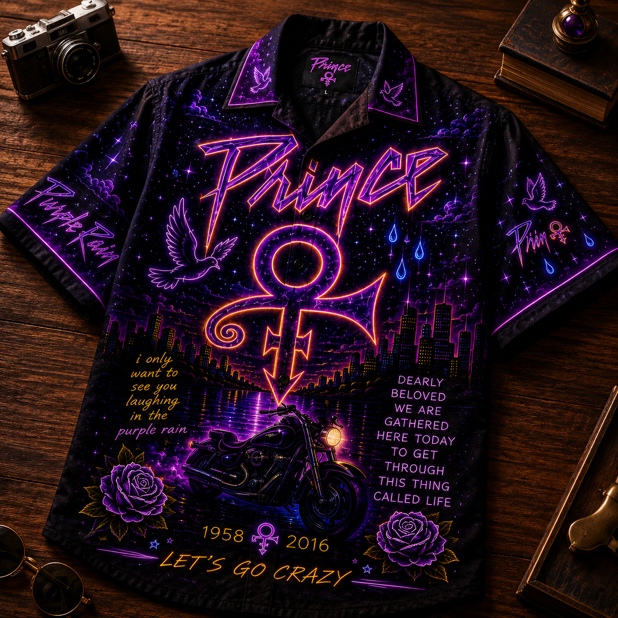 Prince Hawaiian Shirt - Unisex Neon Light Love Symbol Motorcycle Button Up