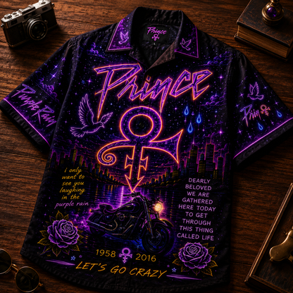 Prince Hawaiian Shirt - Unisex Neon Light Love Symbol Motorcycle Button Up