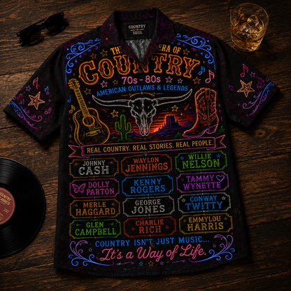 Country Music Hawaiian Shirt - Unisex Neon Light Bull Skull Pickup Truck Button Up