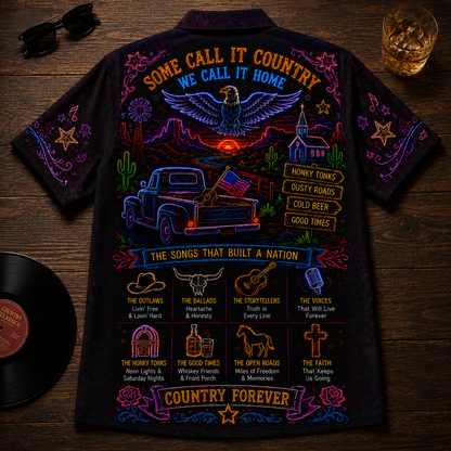 Country Music Hawaiian Shirt - Unisex Neon Light Bull Skull Pickup Truck Button Up