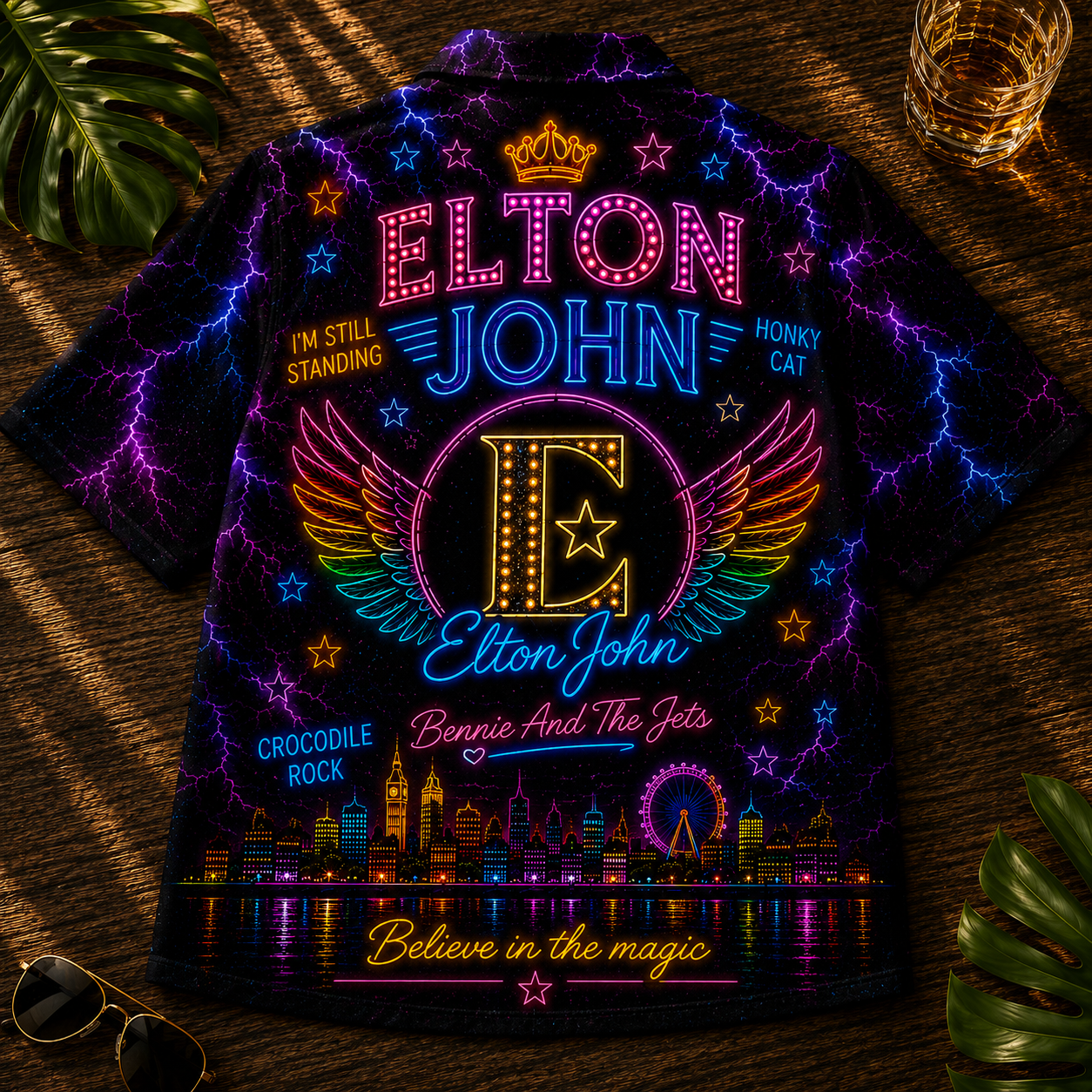 Elton John Hawaiian Shirt - Unisex Neon Light Grand Piano Rocket Man Button Up