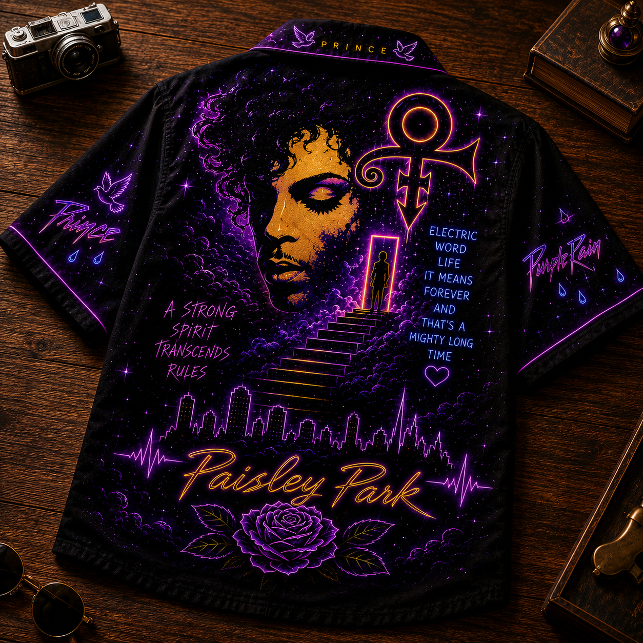 Prince Hawaiian Shirt - Unisex Neon Light Love Symbol Motorcycle Button Up