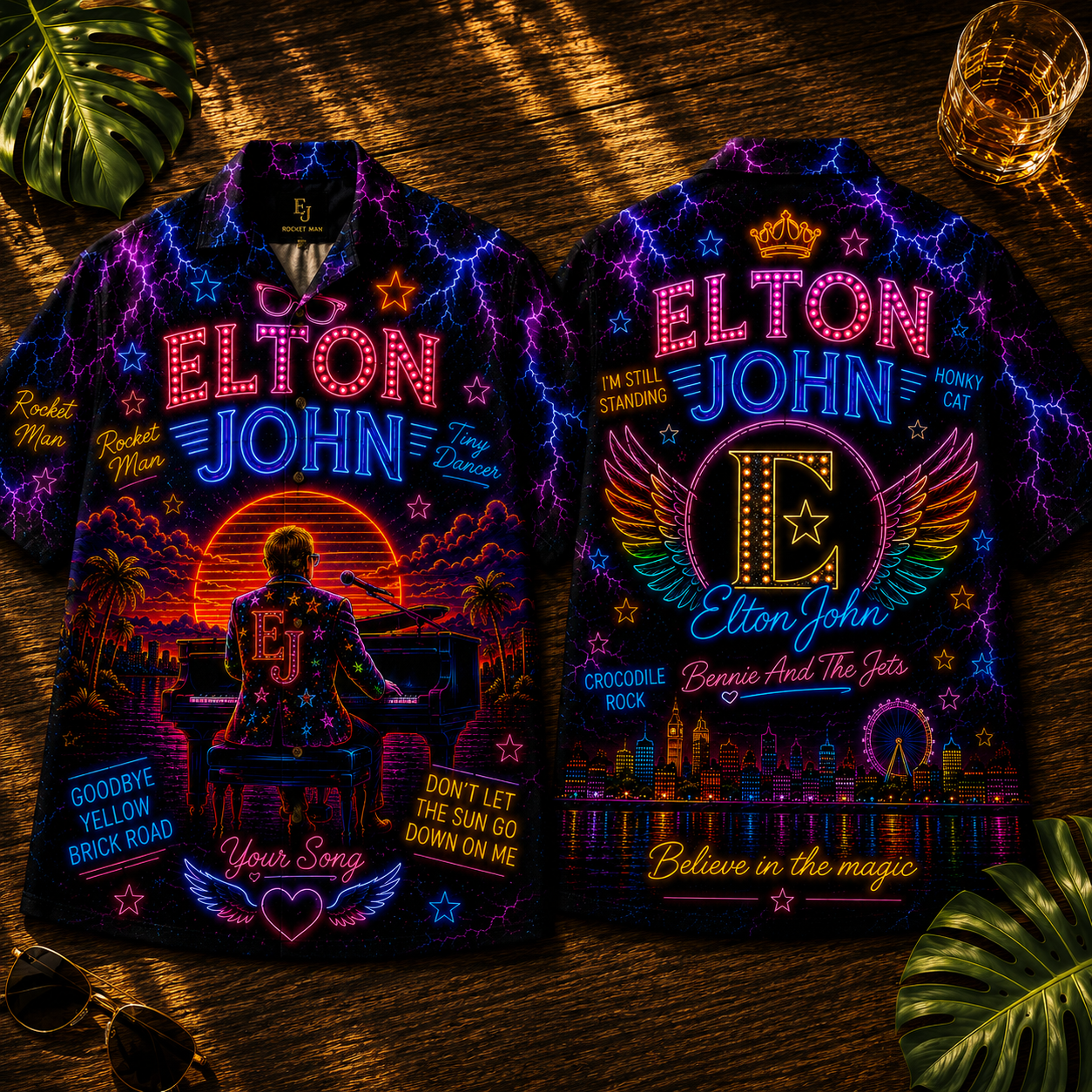 Elton John Hawaiian Shirt - Unisex Neon Light Grand Piano Rocket Man Button Up