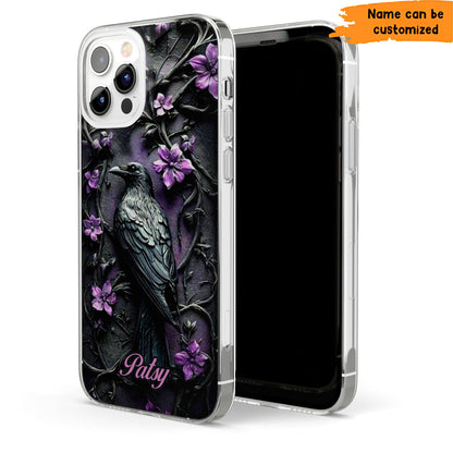 Gothic Raven Phone Case with Purple Flowers - Personalized Clear Phone