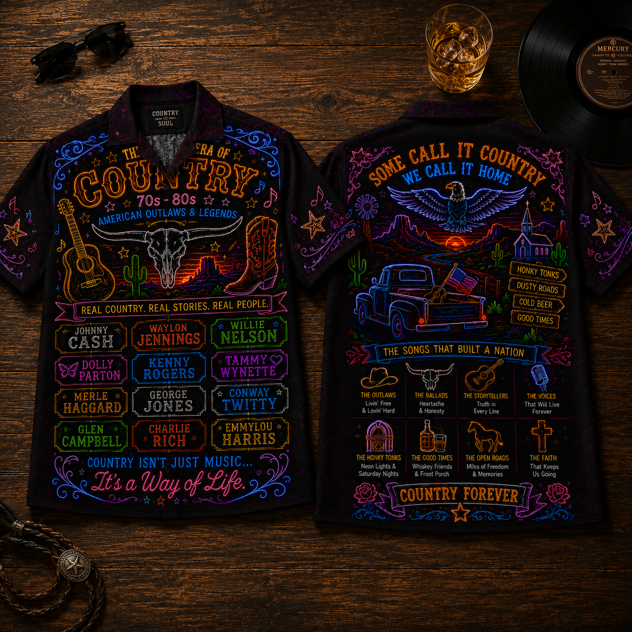 Country Music Hawaiian Shirt - Unisex Neon Light Bull Skull Pickup Truck Button Up