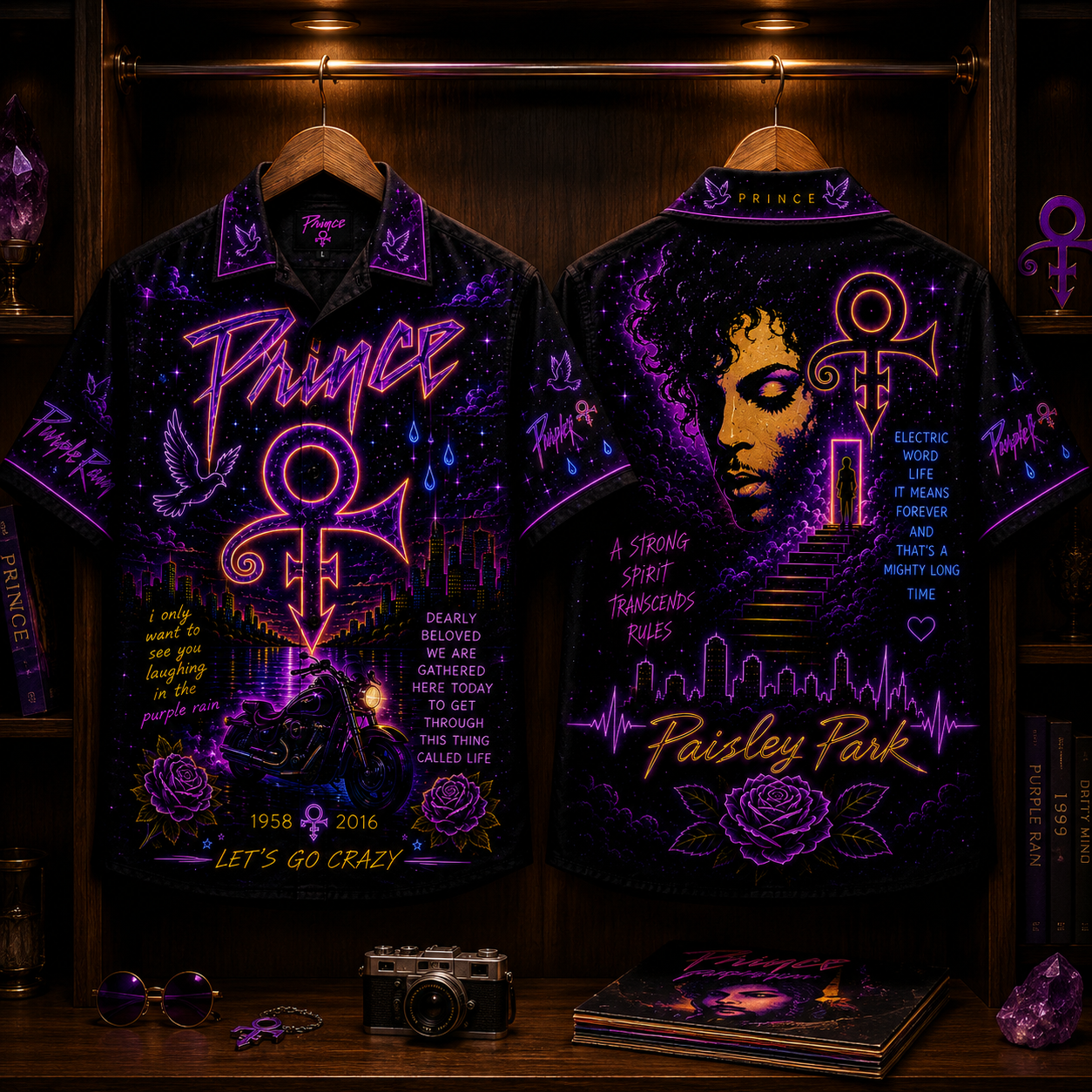 Prince Hawaiian Shirt - Unisex Neon Light Love Symbol Motorcycle Button Up