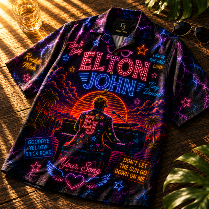 Elton John Hawaiian Shirt - Unisex Neon Light Grand Piano Rocket Man Button Up