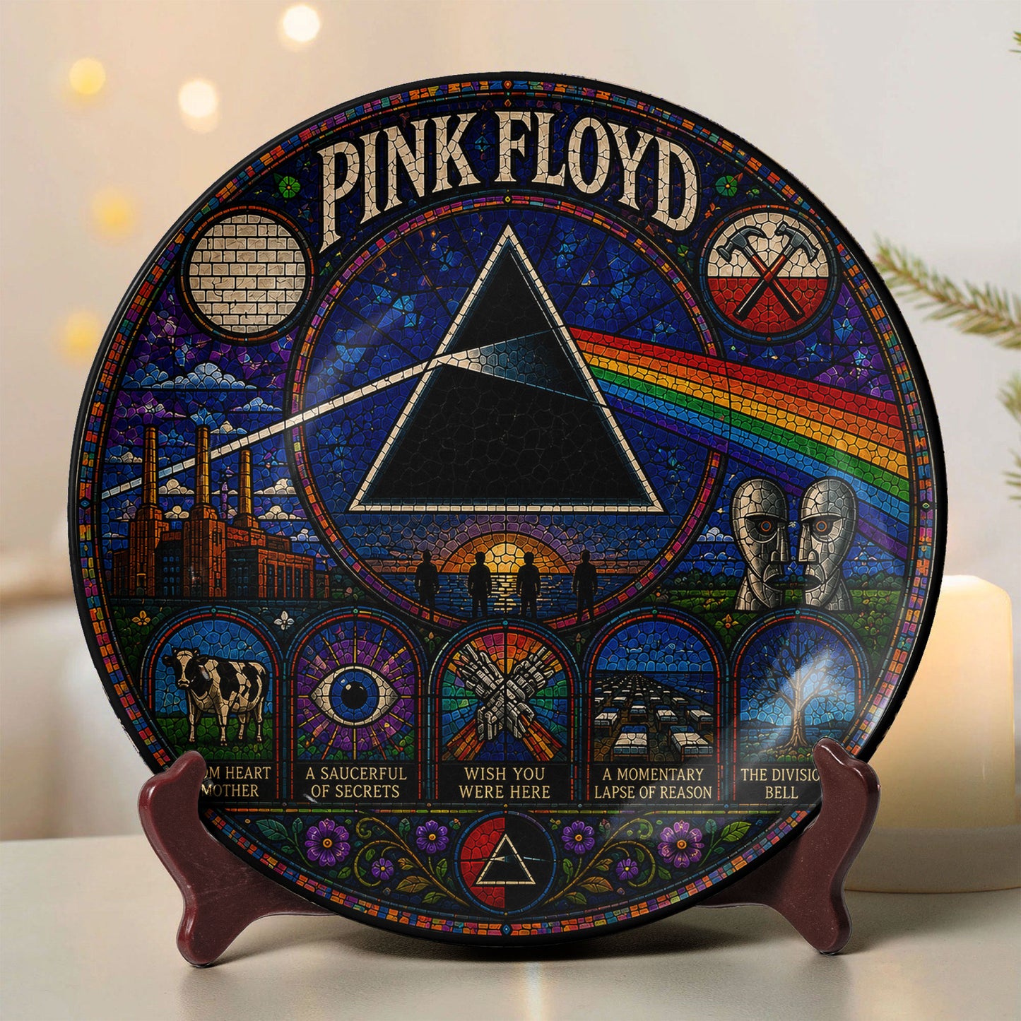 Pink Floyd Ceramic Display Plate with Stand – Dark Side of the Moon Prism Art Decor