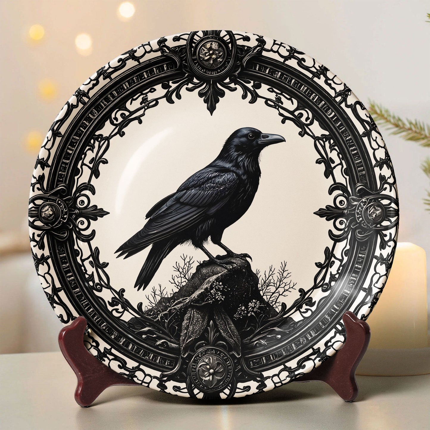 The Midnight Sentinel – Gothic Raven Ceramic Plate