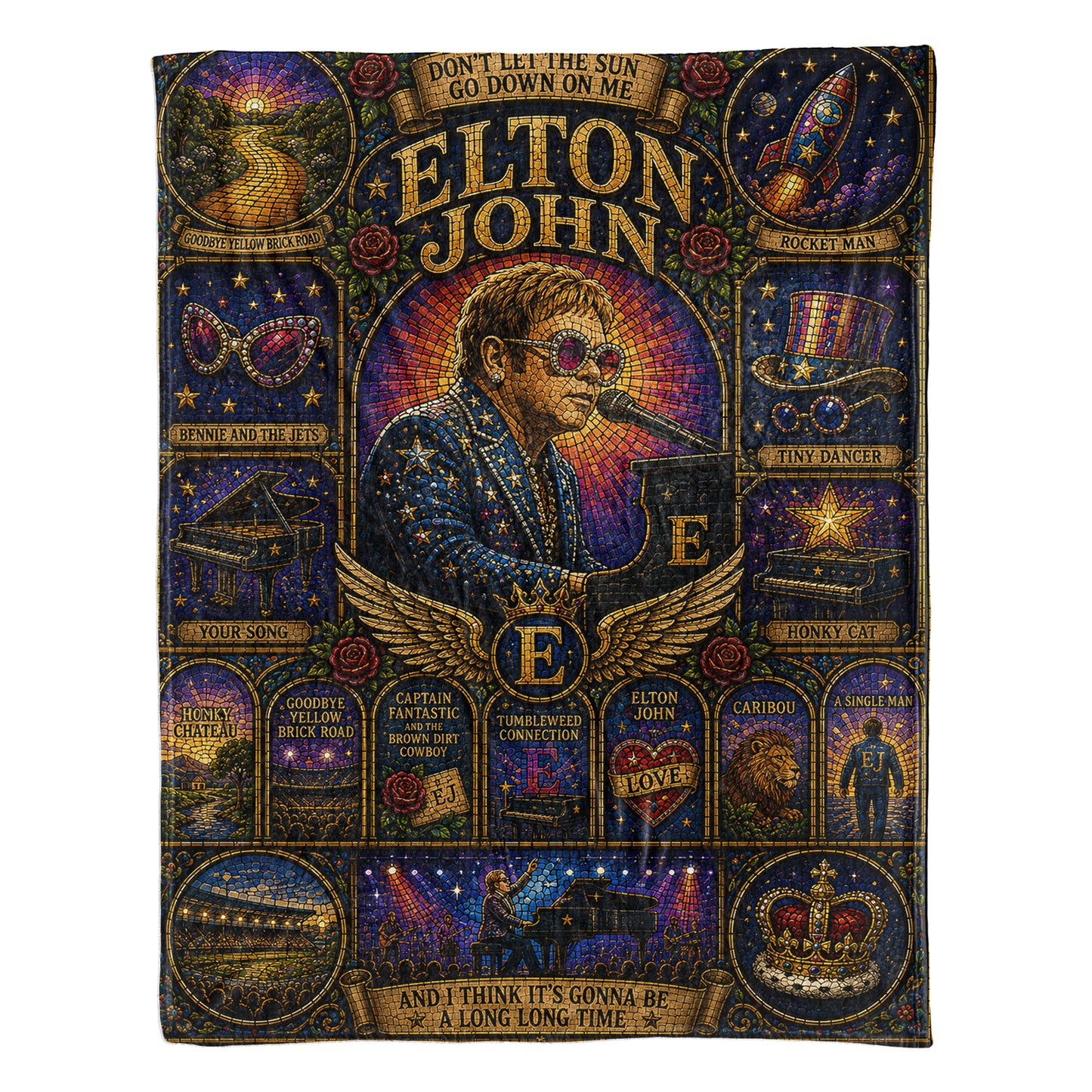 Elton John Sherpa Blanket – Rocket Man Stained Glass Glam Rock Piano Throw Blanket