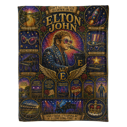 Elton John Sherpa Blanket – Rocket Man Stained Glass Glam Rock Piano Throw Blanket
