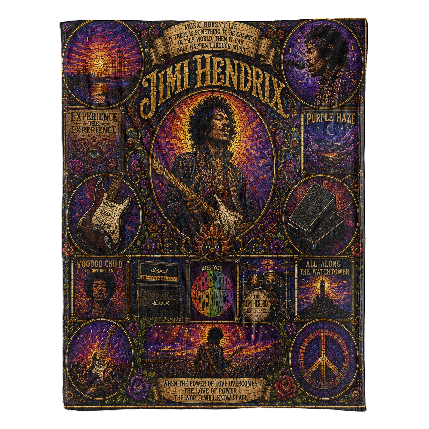 Jimi Hendrix Sherpa Blanket – Purple Haze Stained Glass Psychedelic Rock Blanket
