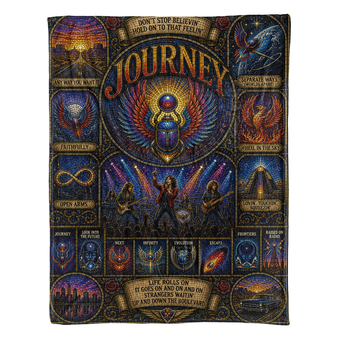 Journey Band Sherpa Blanket – Don't Stop Believin' Stained Glass Blanket