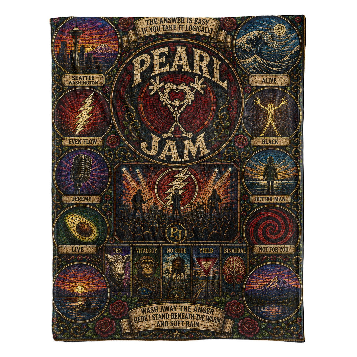 Pearl Jam Band Sherpa Blanket – Alive Stained Glass Grunge Rock Throw Blanket
