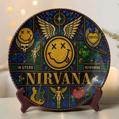Nirvana Stained Glass Decorative Ceramic Plate – Nevermind & In Utero Inspired Music Collector Plate, Grunge Wall Art Gift for Fans