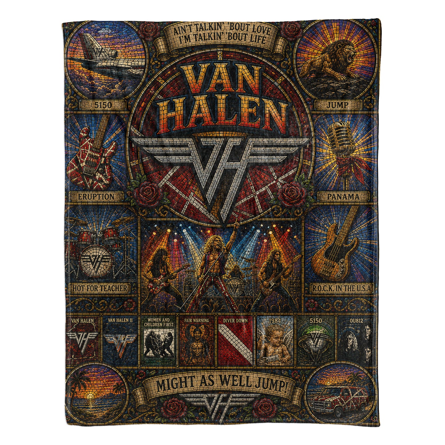 Van Halen Band Sherpa Blanket – Eruption & Panama Gothic Stained Glass Blanket