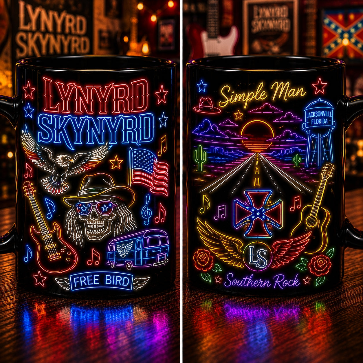 Lynyrd Skynyrd Neon Sign Mug – Free Bird Simple Man Southern Rock Coffee Cup