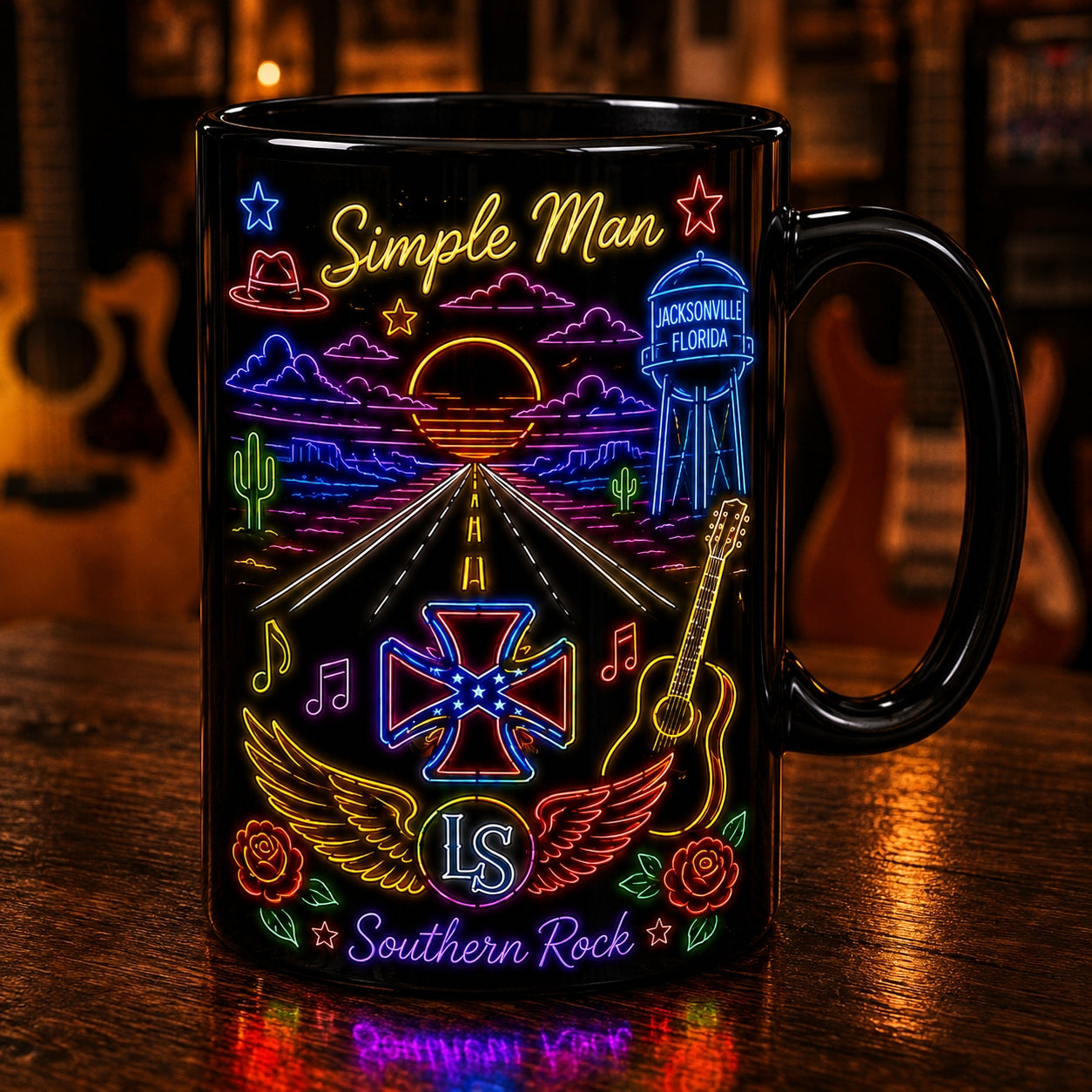 Lynyrd Skynyrd Neon Sign Mug – Free Bird Simple Man Southern Rock Coffee Cup
