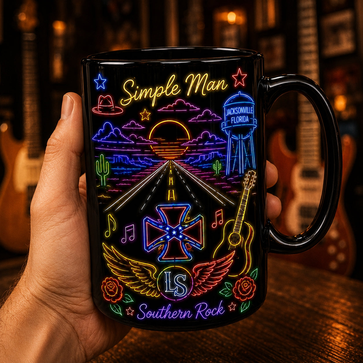 Lynyrd Skynyrd Neon Sign Mug – Free Bird Simple Man Southern Rock Coffee Cup
