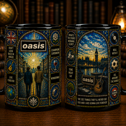 Oasis Stained Glass Black Mug – Oasis Band Ceramic Coffee Mug, Britpop Music Fan Gift