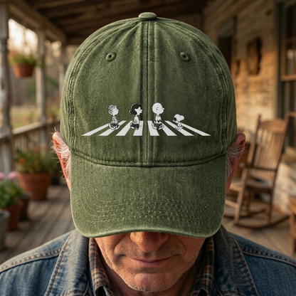 Peanuts Crosswalk Denim Cap – Minimalist Cartoon Abbey Road Style Dad Hat (With Box)