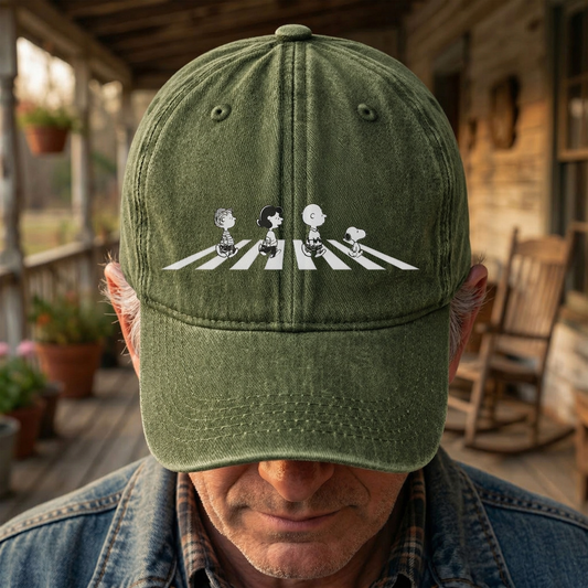 Peanuts Crosswalk Denim Cap – Minimalist Cartoon Abbey Road Style Dad Hat (With Box)