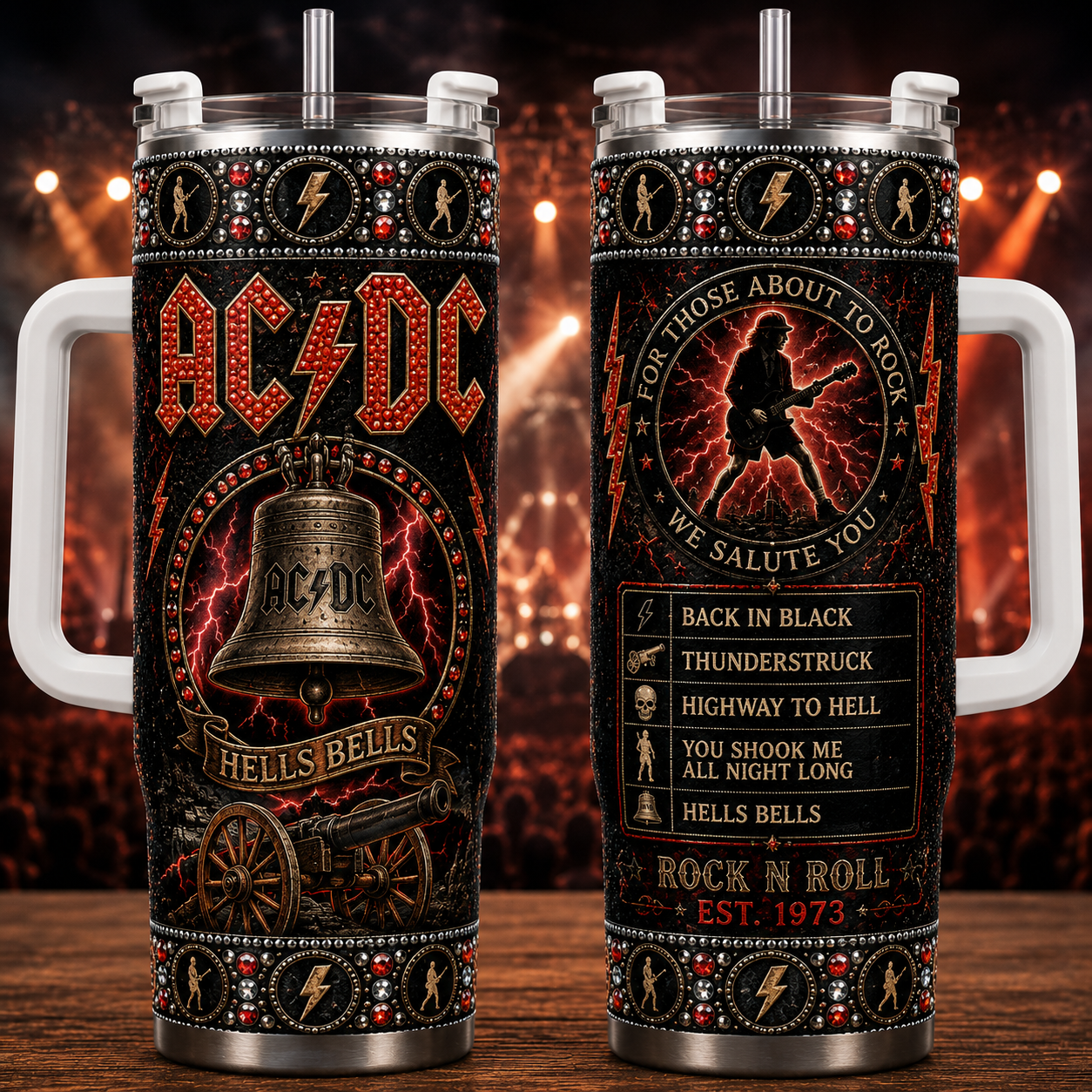 AC/DC 40oz Rhinestone Insulated Tumbler with Handle - Rock Band Stainless Steel Travel Mug with Straw and Lid