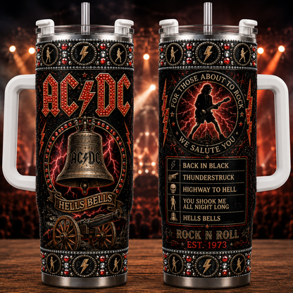 AC/DC 40oz Rhinestone Insulated Tumbler with Handle - Rock Band Stainless Steel Travel Mug with Straw and Lid