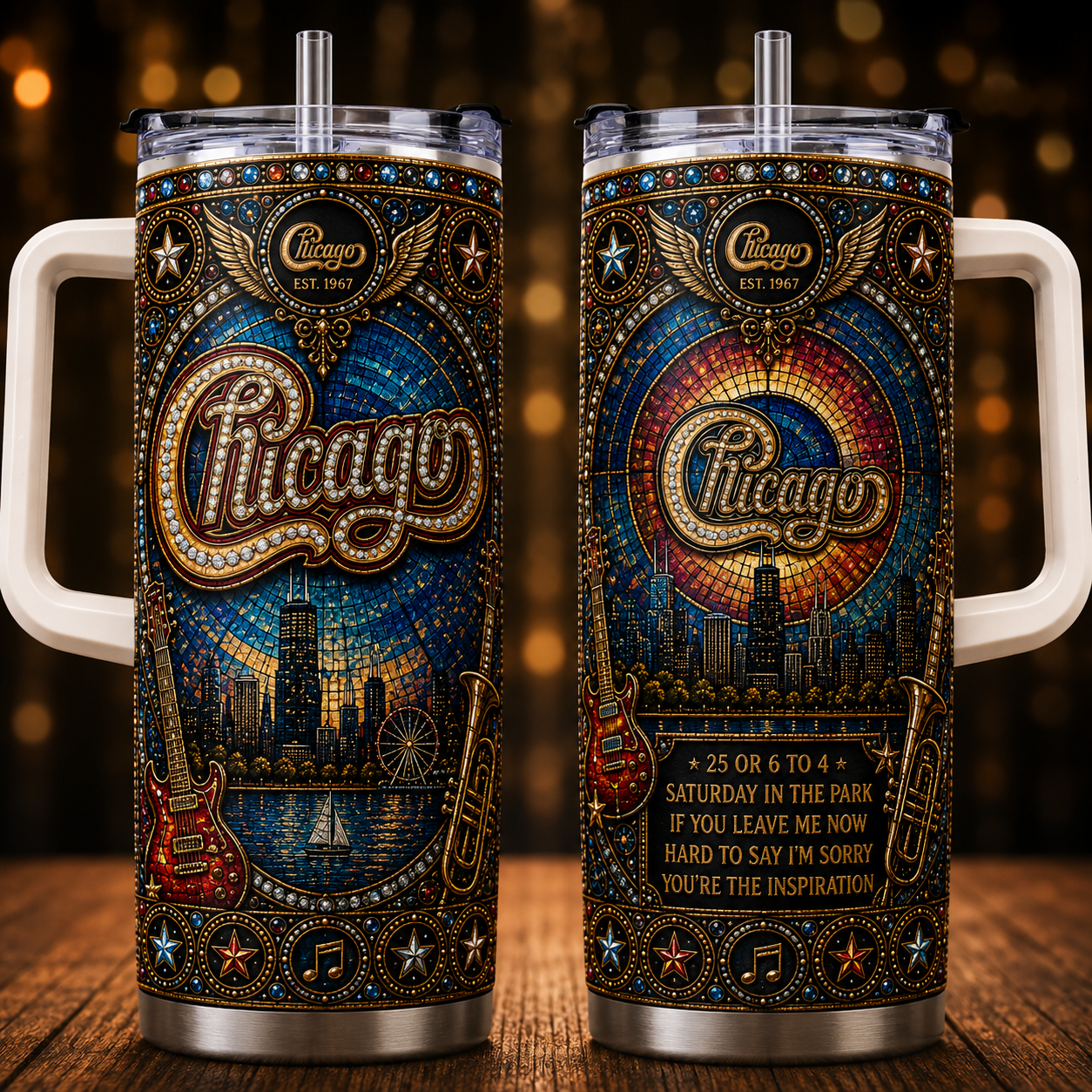 Chicago 40oz Rhinestone Insulated Tumbler with Handle - Rock Band Stainless Steel Travel Mug with Straw and Lid
