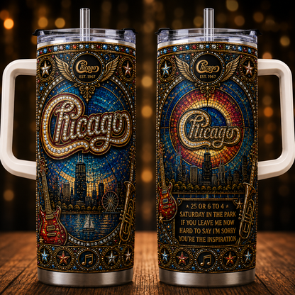 Chicago 40oz Rhinestone Insulated Tumbler with Handle - Rock Band Stainless Steel Travel Mug with Straw and Lid