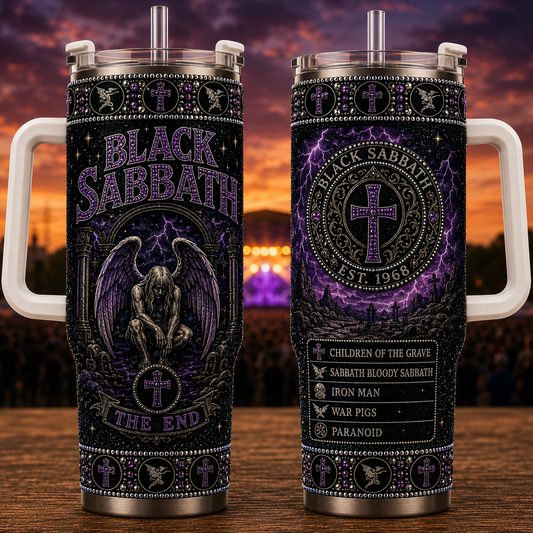 Black Sabbath 40oz Rhinestone Insulated Tumbler with Handle - Rock Band Stainless Steel Travel Mug with Straw and Lid