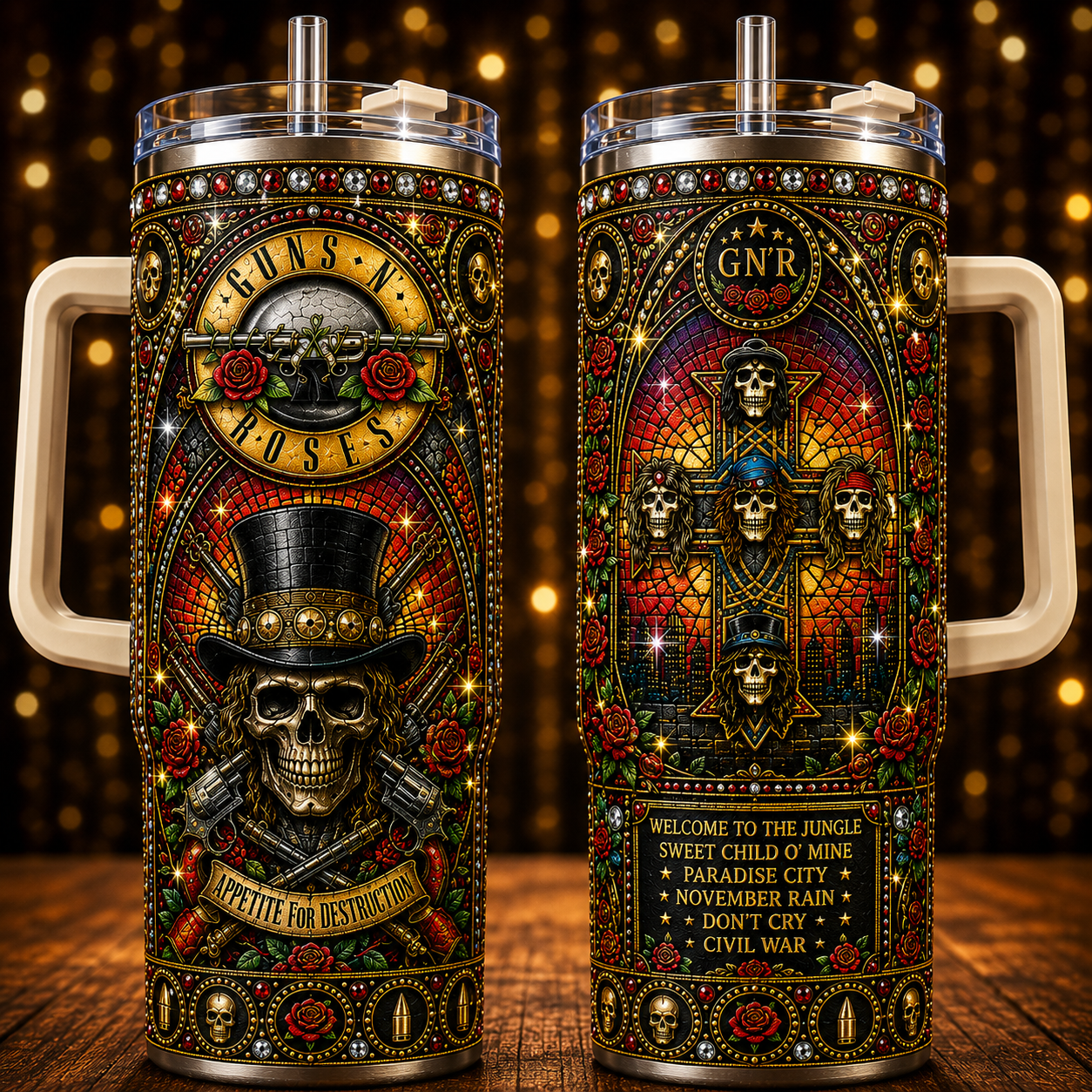 Guns N' Roses 40oz Insulated Tumbler with Handle - Stainless Steel Travel Mug with Straw and Lid