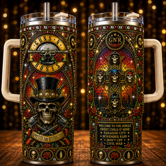 Guns N' Roses 40oz Insulated Tumbler with Handle - Stainless Steel Travel Mug with Straw and Lid